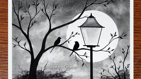 How to Draw Scenery of Moonlight Night by pencil sketch, Love Birds ...