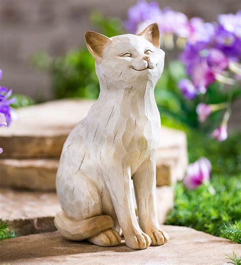 Smiling White Cat Resin Statue With Look of Carved Wood | All Statues & Sculptures | Deck and ...