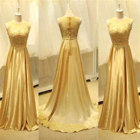 Elegant Gold Silk Chiffon Long Evening Dresses Sweep Train Sheer Top ...