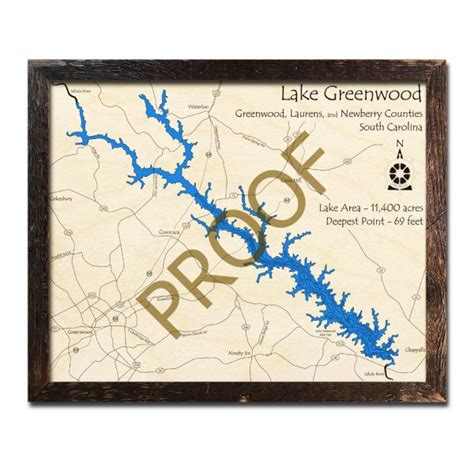 Lake Greenwood, SC 3D Wood Topo Map