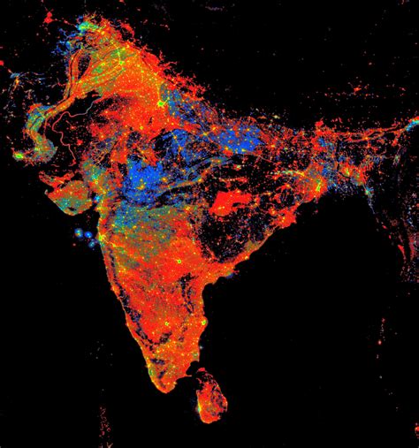 India nighttime light pollution changes over the last 25 years. Red shows increases in light ...