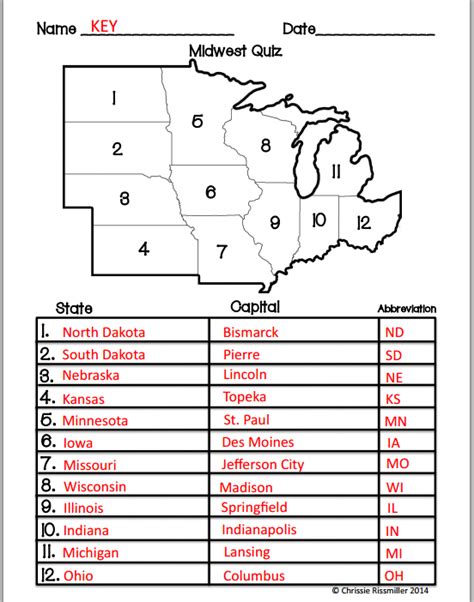 Printable Midwest States And Capitals Worksheet