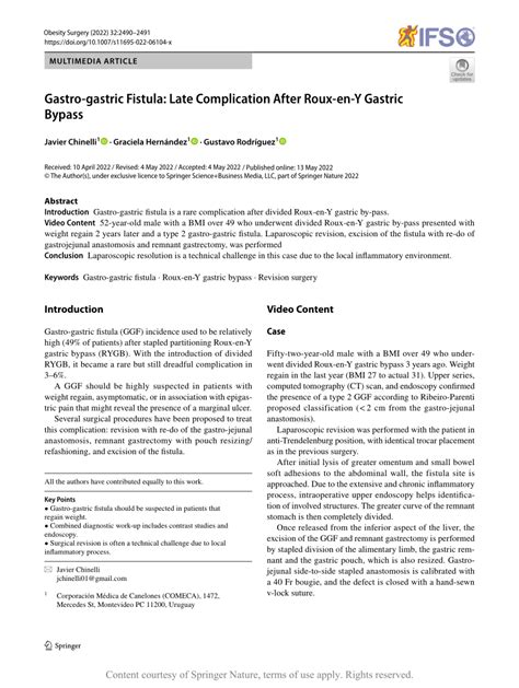 Gastro-gastric Fistula: Late Complication After Roux-en-Y Gastric Bypass | Request PDF