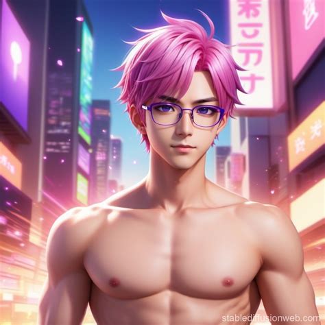 Pink-Haired Shirtless Man with Glasses and Purple Eyes | Stable Diffusion Online