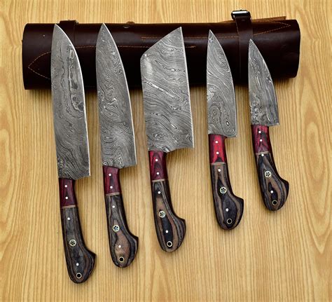 Handmade Damascus Chef set Of 5pcs With Leather,Damascus Knife Set ...