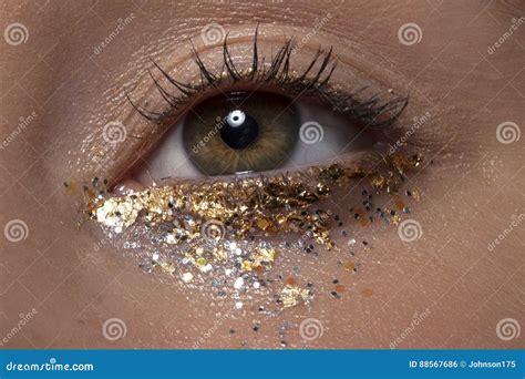 Brown Eye with Glitter Eye Makeup Stock Photo - Image of iris ...