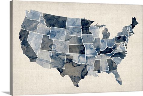 Map of United States of America, watercolor in blue Wall Art, Canvas ...