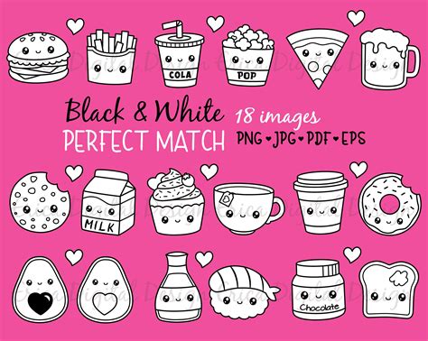 Perfect match kawaii clipart Outline Black White Digital Stamp | Etsy