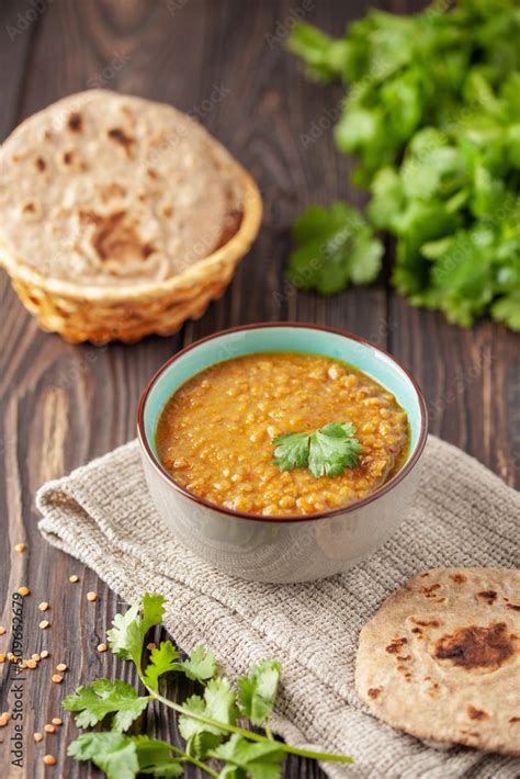 Indian dal food (Masoor Dal or Dal Tadka Curry) and homemade Flatbread ...