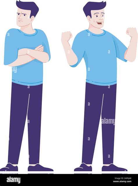 Offended and happy man flat vector illustration. Negative and positive emotions. Angry and ...