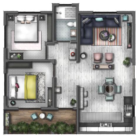 SketchUp floor plan, rendered in Photoshop to create a 3D effect via shadows and highlights ...