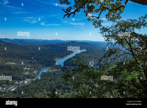 View of Lake Lure from Chimney Rock State Park in the foothills of Hickory Nut Gorge North ...