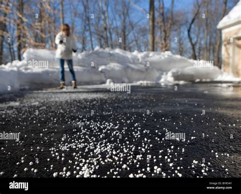 A woman throwing salt on a driveway to melt the ice and snow Stock Photo - Alamy