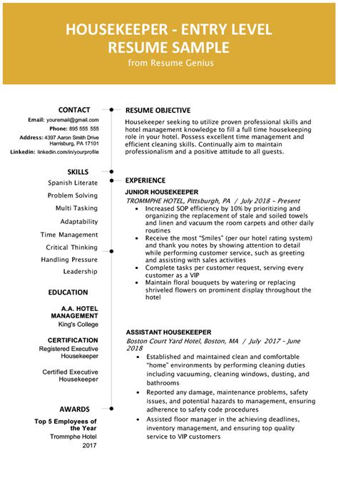 Entry-Level Hotel Housekeeper Resume Sample