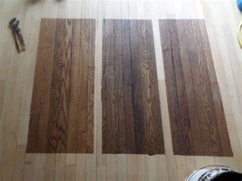 Original 1925 White Oak floors, stains starting from left: Minwax- Special Walnut, Dark Walnut ...