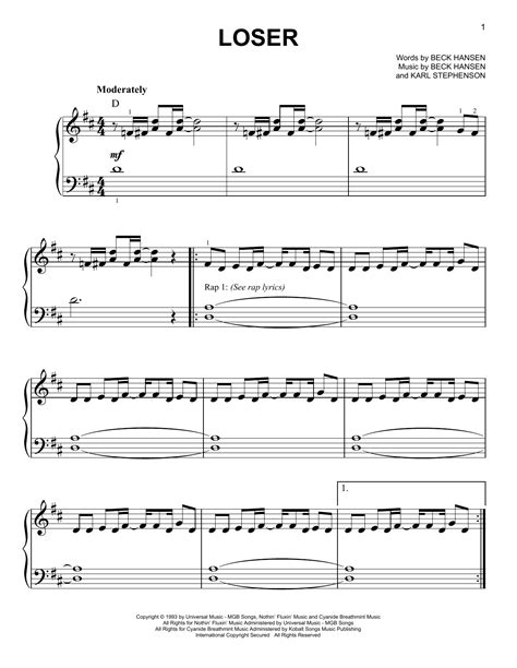 Loser por Beck Partituras para Piano Fácil en Sheet Music Direct