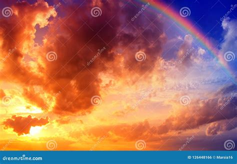 Dramatic Sunset Sky with Rainbow Stock Photo - Image of misty, haze ...