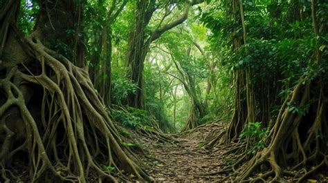 Hutan Rimbun Pepohonan Ramping Yang Megah Dengan Cabang Tanaman Merambat Liar Menciptakan Hutan ...