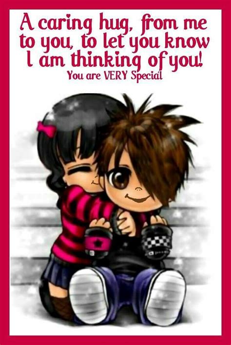 two cartoon characters sitting next to each other with the caption saying,'a caring hug from me ...