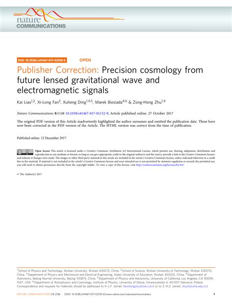 (PDF) Publisher Correction: Precision cosmology from future lensed gravitational wave and ...