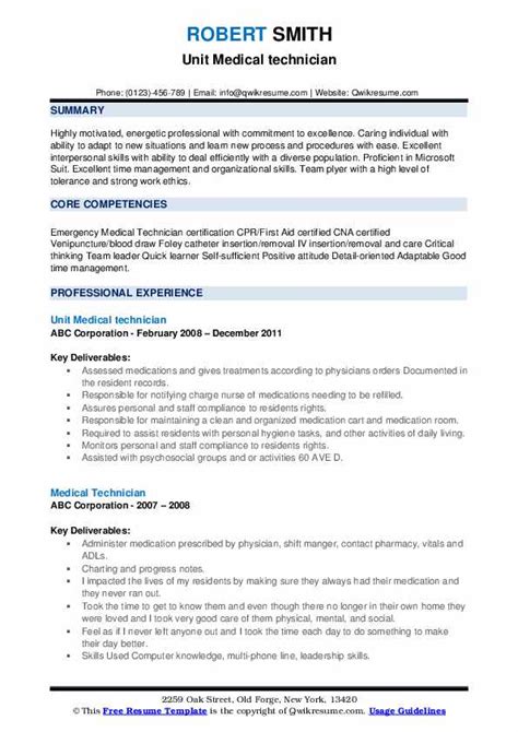 Medical Technician Resume Samples | QwikResume