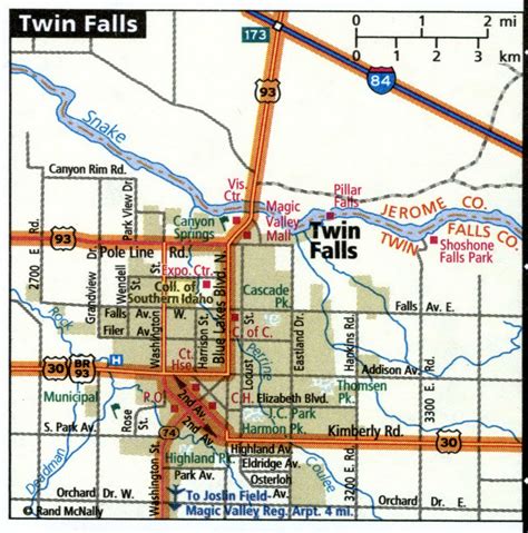 Twin Falls city road map for truck drivers area town toll free highways ...