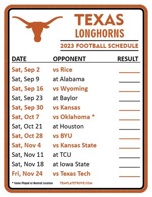 Printable 2023 Texas Longhorns Football Schedule