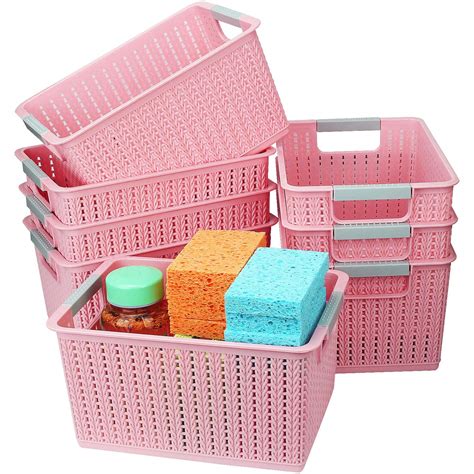 Buy 8Pack Plastic Storage Basket Pink, Desktop Weave Baskets with Handle, Portable Bathroom Open ...