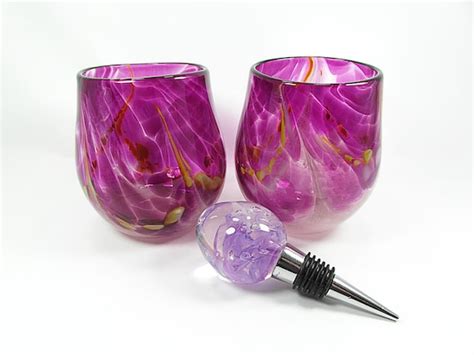 Hand Blown Stemless Wine Glasses in Bold Fuchsia with a Lilac