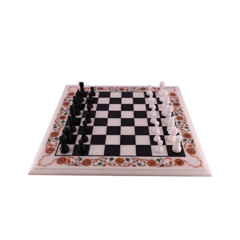 Luxury Square White Marble Chess Table Inlaid Real Gemstones - Artefactindia