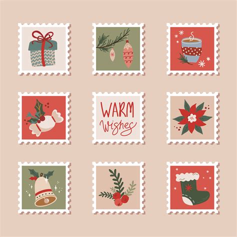 Hand drawn collection of christmas postage stamps in retro style ...