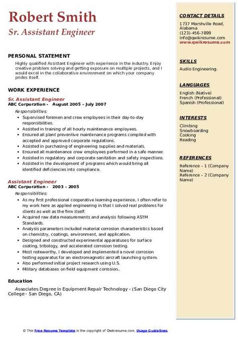 Assistant Engineer Resume Samples | QwikResume