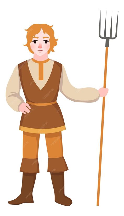 Premium Vector | Peasant man with pitchfork ancient farmer medieval character