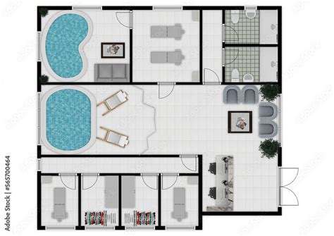 Floor plan spa. 3d render of wellness massage room. Isometric artwork concept of a interior of a ...