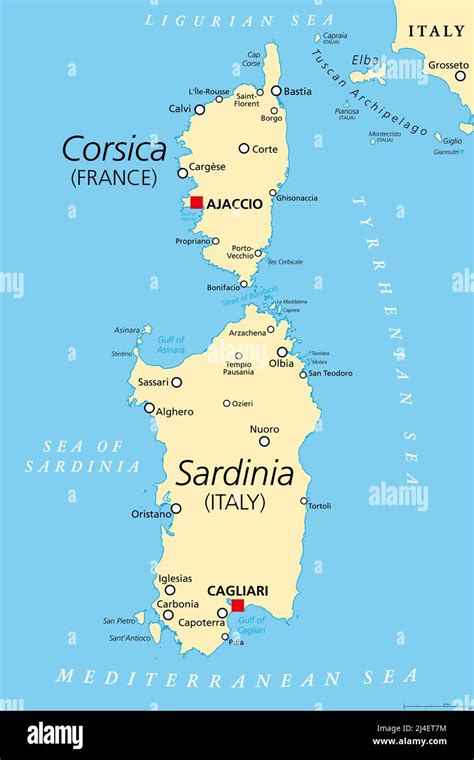 Corsica and Sardinia, political map. French and Italian islands, with ...