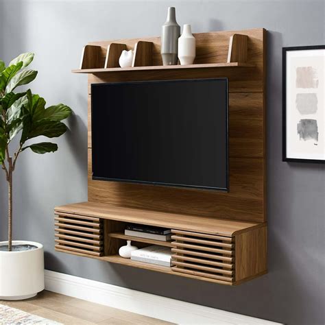 Modway Render Wall Mounted TV Stand Entertainment Center in Walnut ...