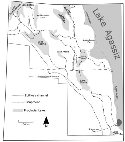 West side of glacial Lake Agassiz highlighting spillways from glacial... | Download Scientific ...