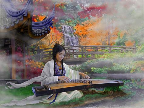 Garden of Peace - Girl with Guzheng Mixed Media by Reb Benno - Fine Art America