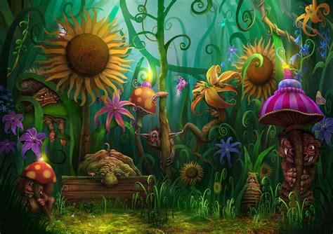 a painting of mushrooms and sunflowers in the forest