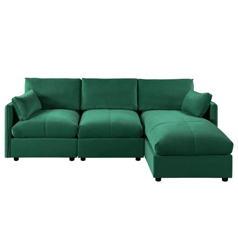 Emerald Green Sectional Living Room Velvet L Shape Couch Sofa Right