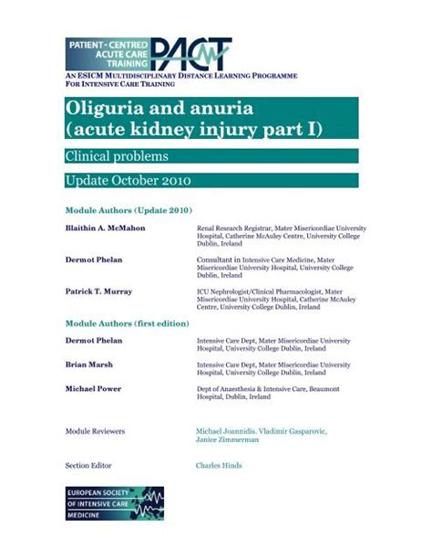 Oliguria and anuria (acute kidney injury part I) - PACT - ESICM