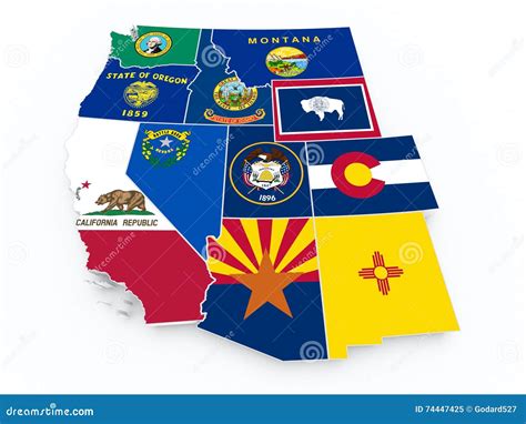 Usa West Region Flags on 3d Map Stock Illustration - Illustration of ...