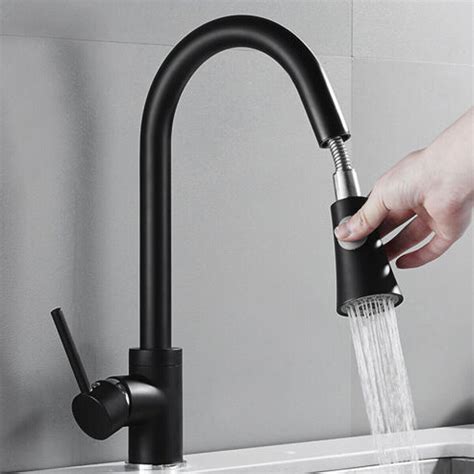 Black Kitchen Sink Taps Pull Out Spray Single Lever Swivel Spout Brass ...