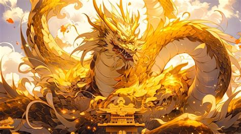 Premium Photo | A gold dragon with a temple gold dragon fantasy illustration