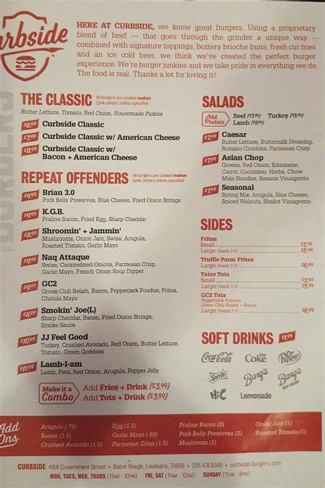 Menu at Curbside Burgers restaurant, Baton Rouge, Government St