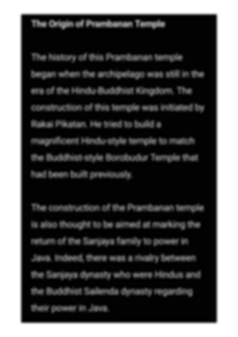 SOLUTION: The history of prambanan temple and its origin story - Studypool