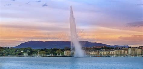 The Geneva Water Fountain in Geneva, Switzerland. Sunset. Stock Photo - Image of attraction ...