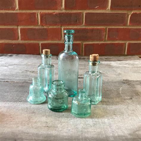 Set of 6 antique glass ink bottles aqua green old glass bottle vintage Victorian glass bottles ...