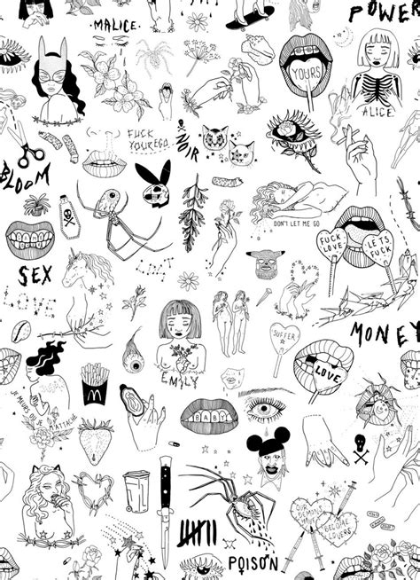 a black and white drawing of many different things