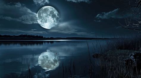 full moon over water, moon reflection in lake, night landscape with moon, tranquil night scene ...